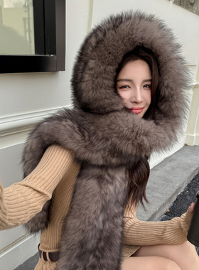薇儿卡特密皮草定染稀有紫貂色真狐狸毛加厚冬品质棕色风雪围巾帽
