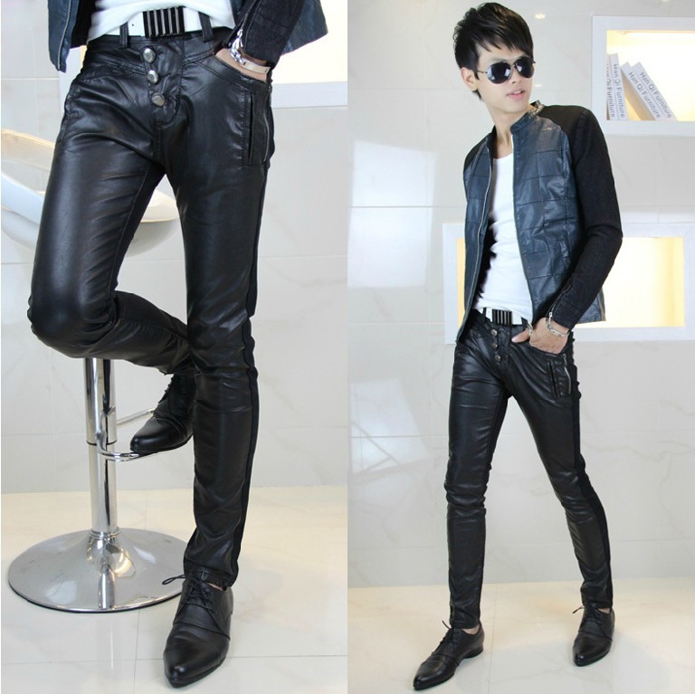 Mùa thu và mùa đông quần da nam mới Phiên bản Hàn Quốc của nam giới denim khâu quần da PU giản dị Quần chân mỏng xe máy nam shop quần áo nam