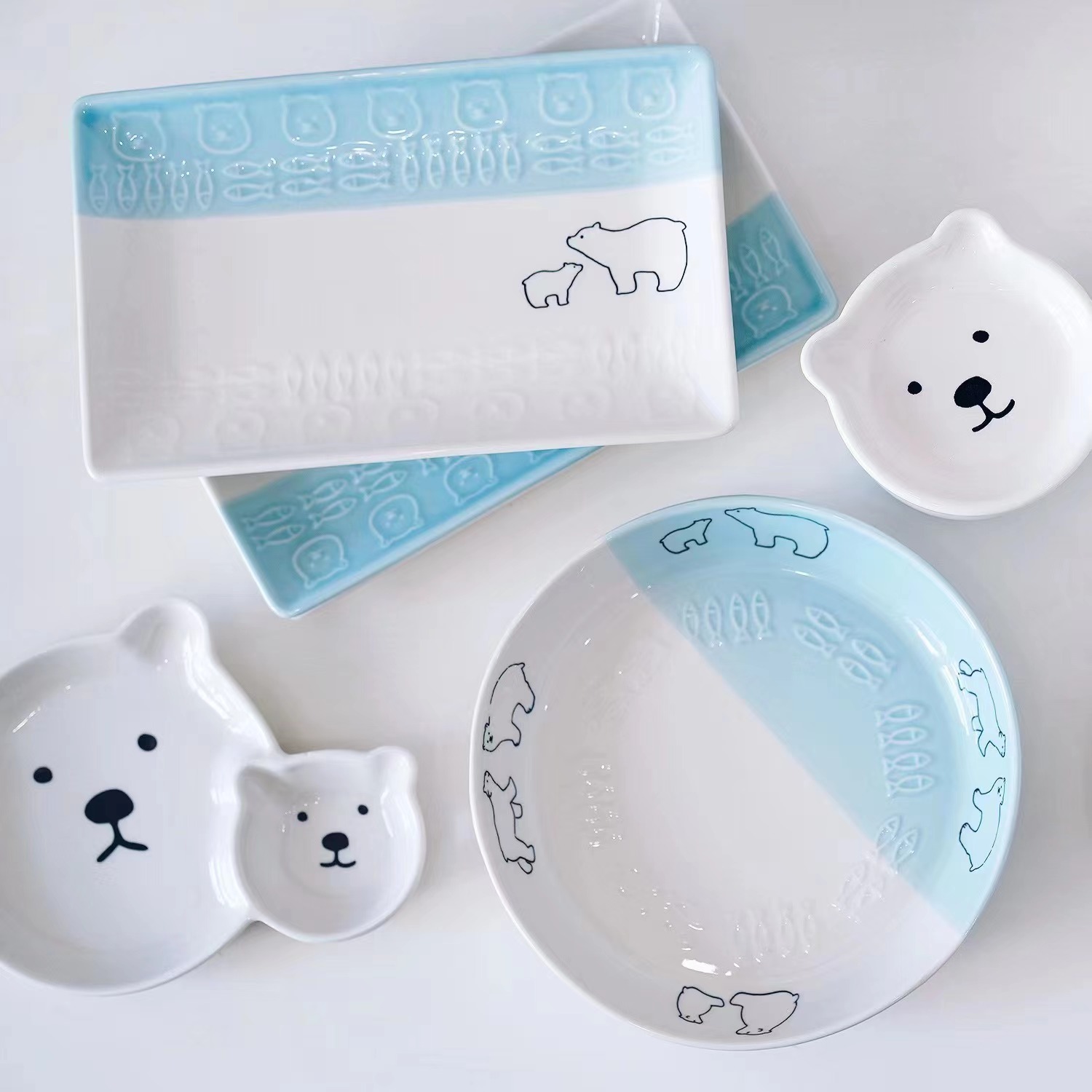 一宅出口日本陶瓷白熊碗盘带盖杯