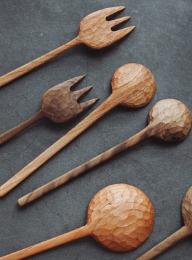 将时光雕刻入木。一宅日式手工勺子叉子便携餐具套装耐高温长柄勺