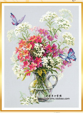小房子十字绣 正品DMC线 瓶花与蝴蝶 客厅装饰画手工灰色布花草
