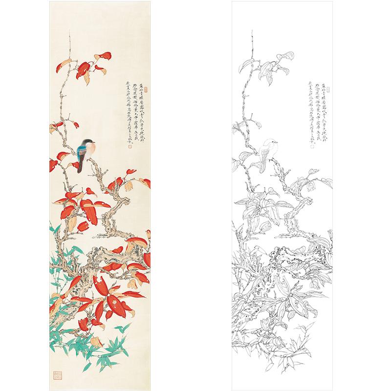 任重花鸟条屏工笔画白描底稿《青秋芳色》临摹勾线高清打印稿RD29