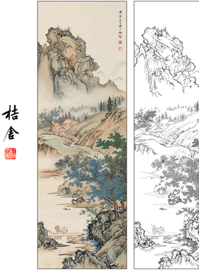 陈少梅山水人物工笔画白描底稿《山林问道》临摹高清打印稿SM26