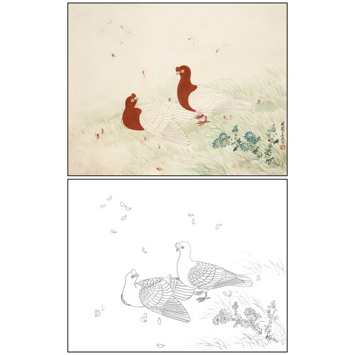 工笔画白描底稿于非闇花鸟《朱砂双鸽》临摹勾线高清打印稿AF15