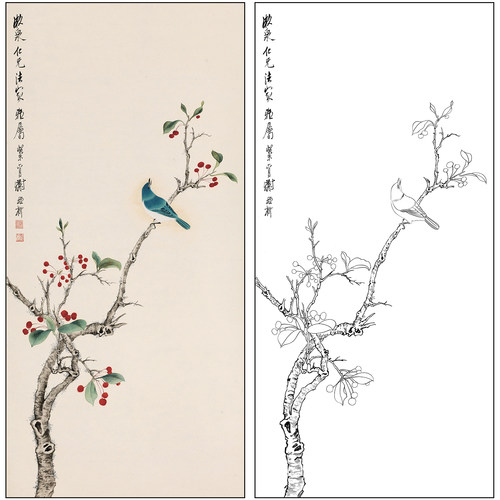谢稚柳花鸟工笔画白描底稿《果熟来禽图》临摹勾线高清打印稿XZ56