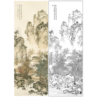 陈少梅工笔山水白描底稿《山河勤读图》临摹勾线高清打印稿LQ39