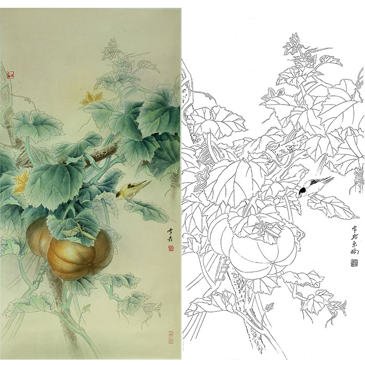 工笔画白描底稿南瓜实物勾线打印稿龚雪青瓜园情趣xq59