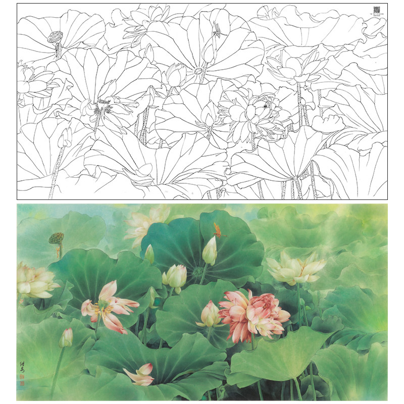 【大彩图】邹传安横幅工笔画白描底稿《荷花》临摹花鸟线稿HN18