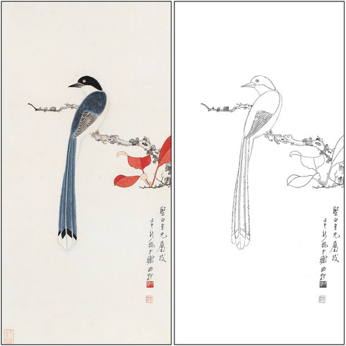谢稚柳花鸟工笔画白描底稿《仿老莲笔意》临摹勾线高清打印稿XZ57