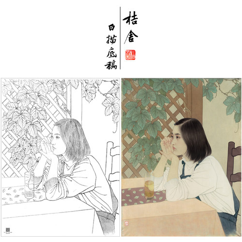 【大彩图】何家英工笔画白描底稿《心语》高清打印稿人物线稿ZV21