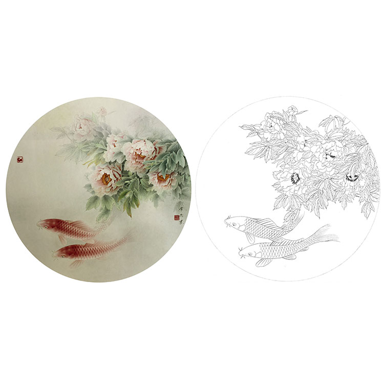 工笔画白描底稿牡丹鲤鱼小品
