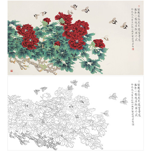 周彦生花鸟工笔画白描底稿《牡丹》临摹勾线高清打印稿A655