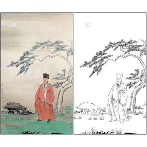 工笔画白描底稿薄春雨花鸟松树人物《松荫觅句图》高清打印稿BC02