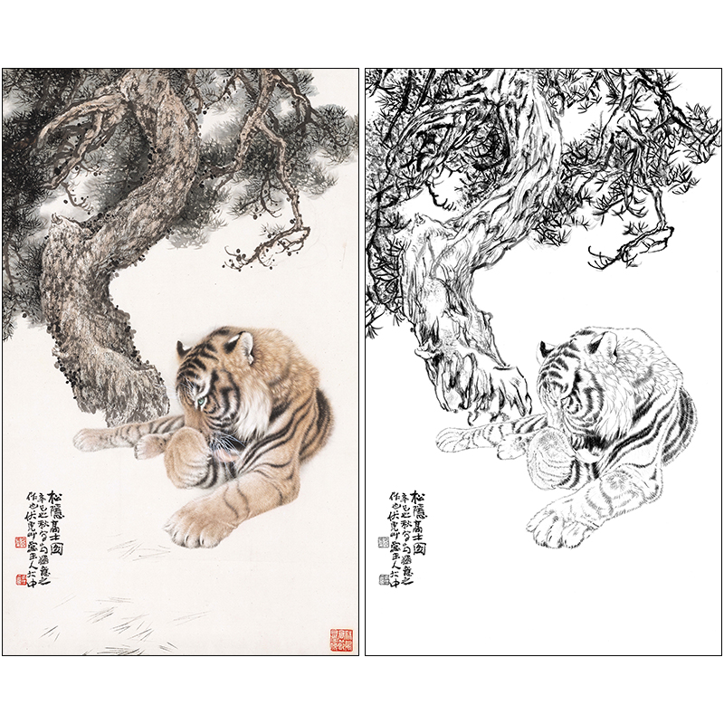 冯大中老虎工笔画白描底稿《松隐高士图》临摹勾线高清打印稿DZ11