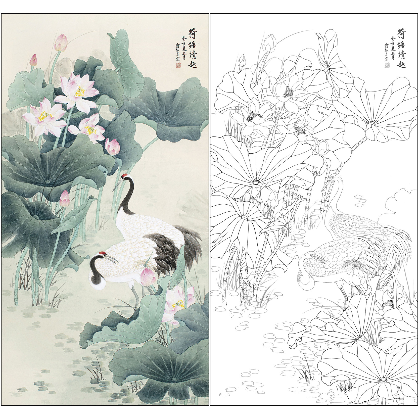 俞致贞花鸟工笔画白描底稿《荷塘清趣》荷花仙鹤高清打印稿ZZ82