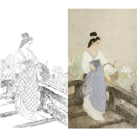 工笔画白描底稿人物何家英四大美女之西施浣纱实物白纸打印稿zv30