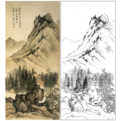 陈少梅工笔山水白描底稿《山静日长图》临摹勾线高清打印稿CR32