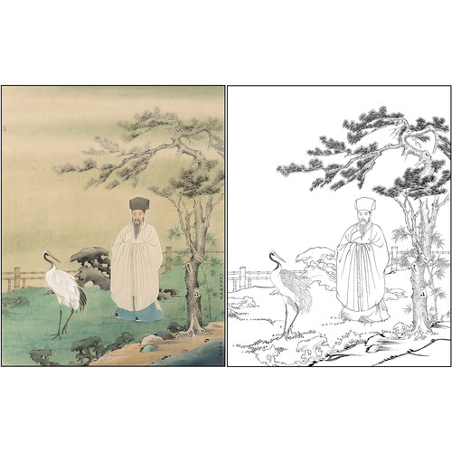 工笔画白描底稿薄春雨花鸟仙鹤人物《沈周东庄诗意图》打印稿BC01