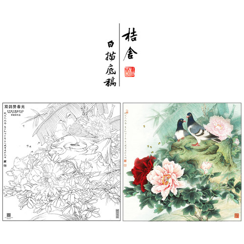 【大彩图】李晓明工笔画白描底稿牡丹鸽子小品《双鸽赞春光》KA08
