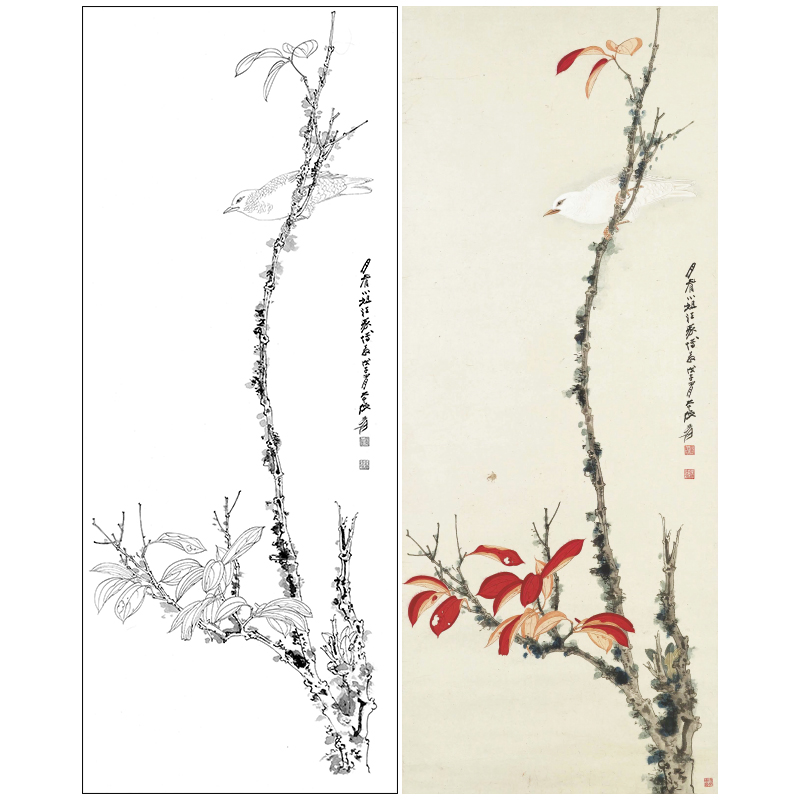 张大千竖幅工笔花鸟白描底稿《红叶》临摹勾线高清打印稿QD31