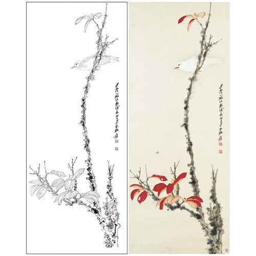 张大千竖幅工笔花鸟白描底稿《红叶》临摹勾线高清打印稿QD31