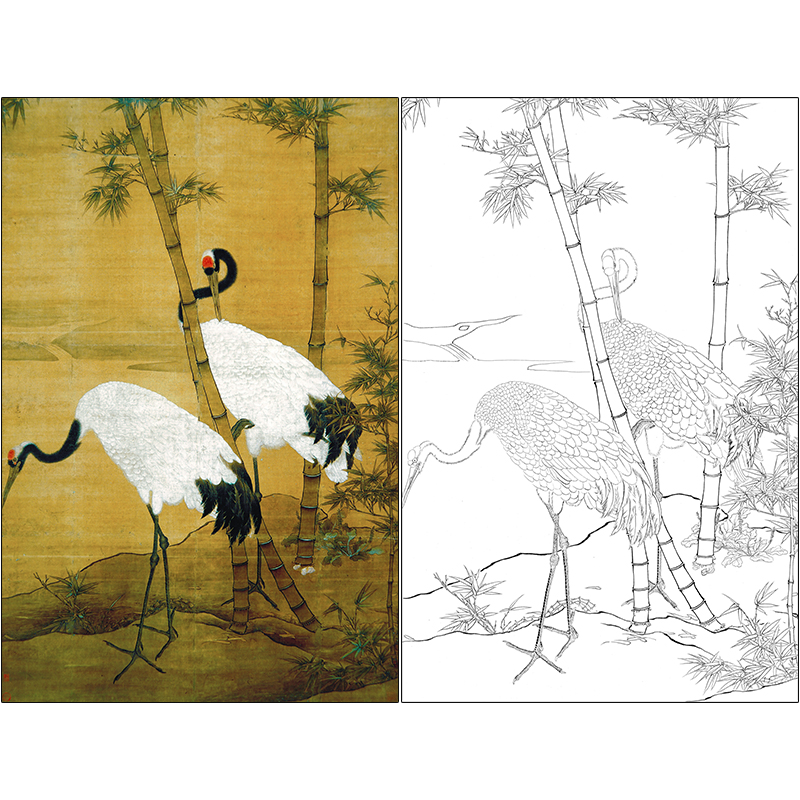 边景昭花鸟仙鹤工笔画白描底稿《三双鹤图竹鹤图》高清打印稿MD02