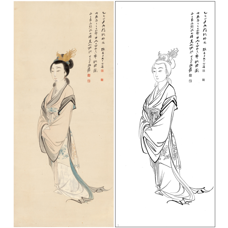 【大彩图】张大千工笔传统仕女人物白描底稿临摹高清打印稿QD59