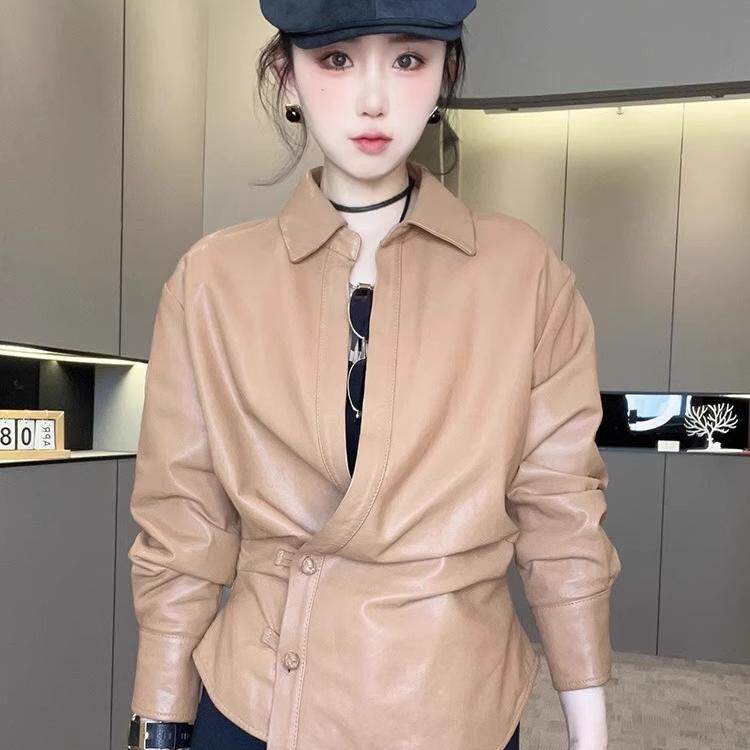 【现货】皮衣女2025早春新款女装纯色真皮衬衫翻领短款两粒扣上衣
