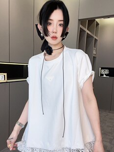 fashion 短袖 T恤女2024夏季 百搭蕾丝边宽松圆领上衣 新款 法式