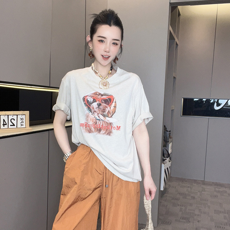 短袖T恤女2026夏季新款撞色拼接卡通小狗字母印花打底衫圆领上衣