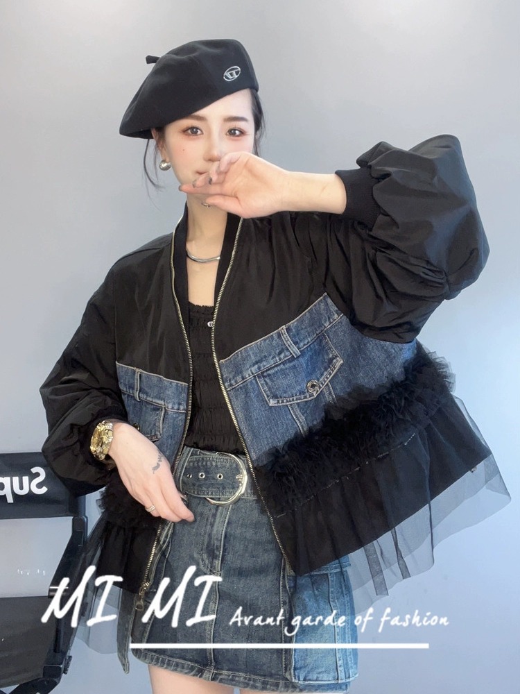 【现货】拉链牛仔网纱拼接大口袋棒球服夹克外套女2024秋季新款