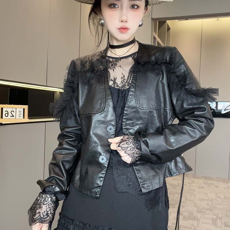 皮衣女2025秋季新款纯色网纱拼接木耳边短款外套单排扣长袖上衣