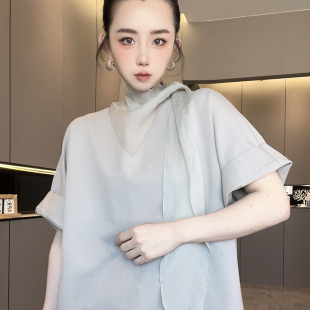 新款 短袖 设计师款 飘带打底衫 套头上衣 纯色中长款 T恤女2025秋季