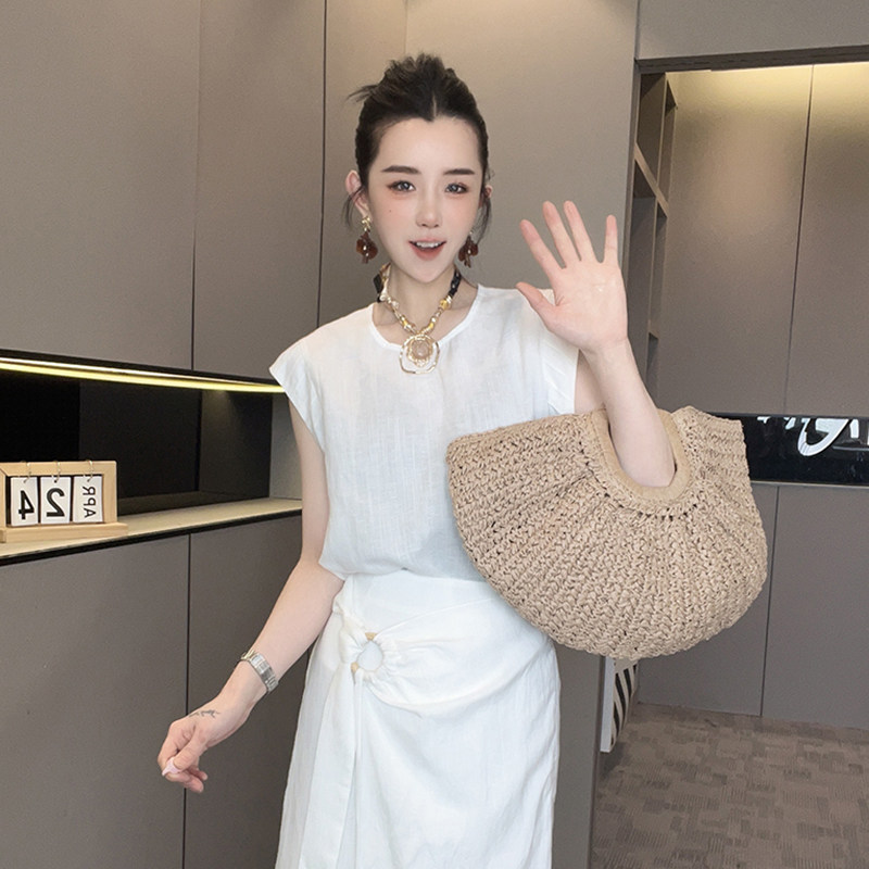 无袖圆领套头上衣高腰半身裙长裙纯色套装两件套女2026夏季新款