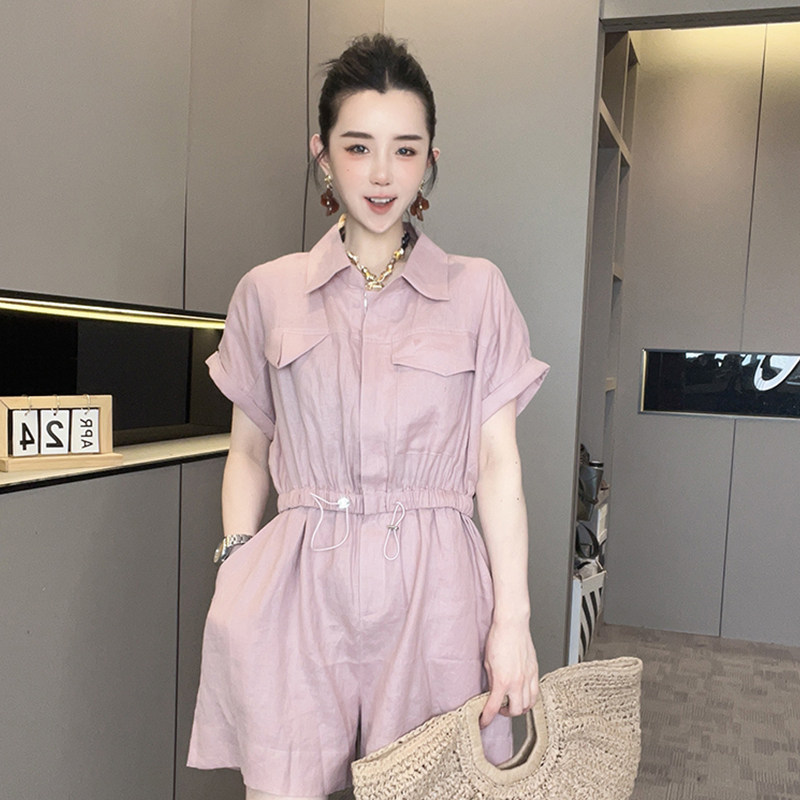 短袖连体短裤女2026夏季新款纯色高腰阔腿裤松紧腰翻领半袖裤子