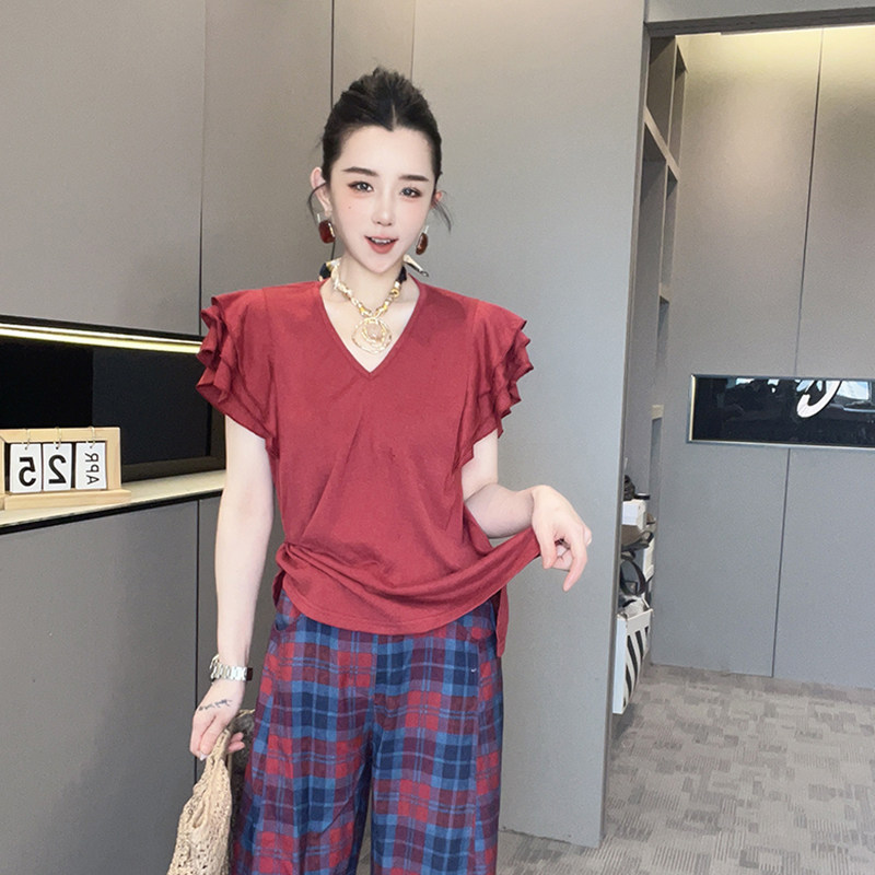 短袖T恤女2026夏季新款欧洲站纯色荷叶边半袖打底衫V领套头上衣