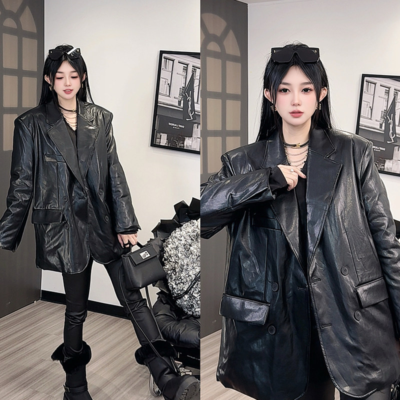 加棉西服女2025冬季新款欧洲站宽松纯色中长款双排扣外套长袖上衣