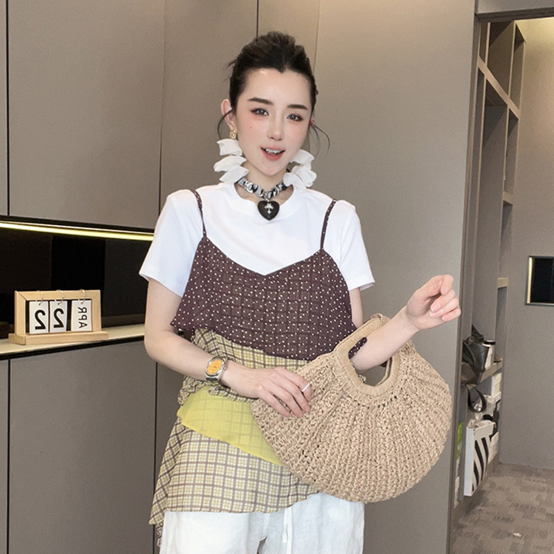 波点格子荷叶边吊带短袖T恤叠穿上衣套装两件套女2026夏季新款