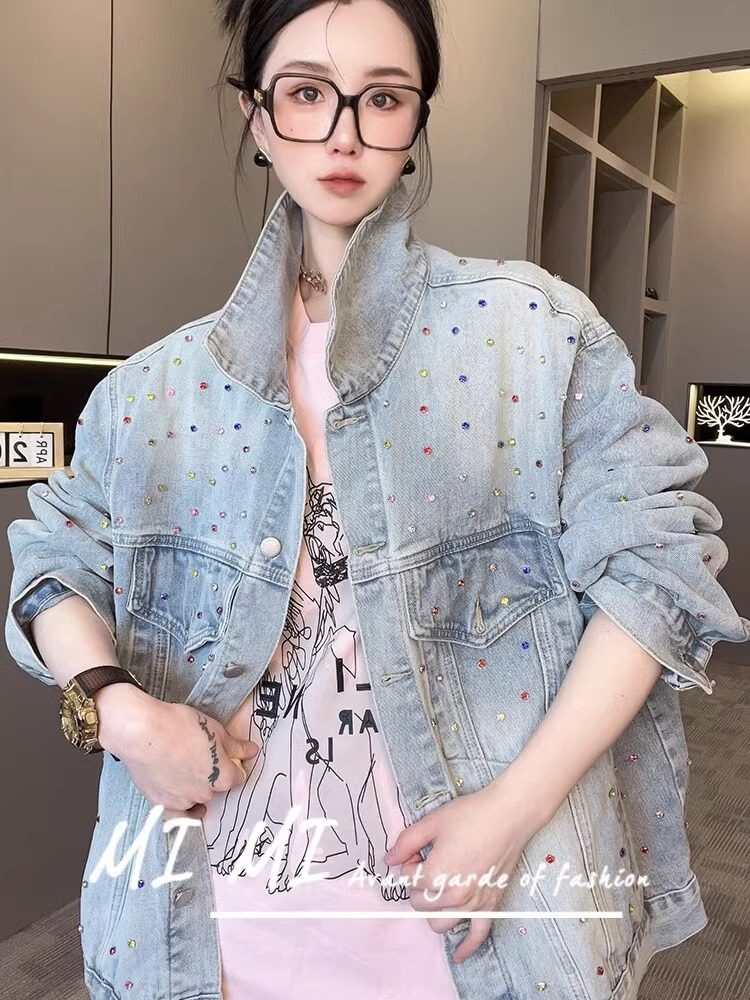 彩色重工亮钻翻领牛仔外套女