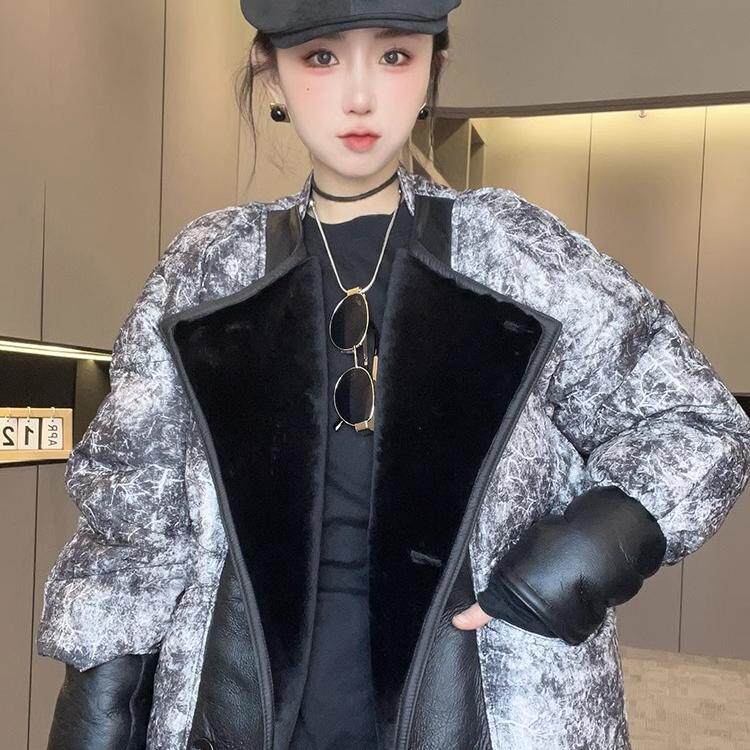 皮毛一体拼接羽绒服女2024冬季新款撞色晕染短款保暖外套长袖上衣