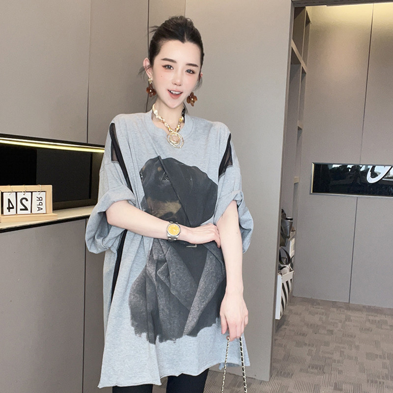短袖T恤女2026夏季新款撞色拼接小狗印花打底衫中长款圆领上衣