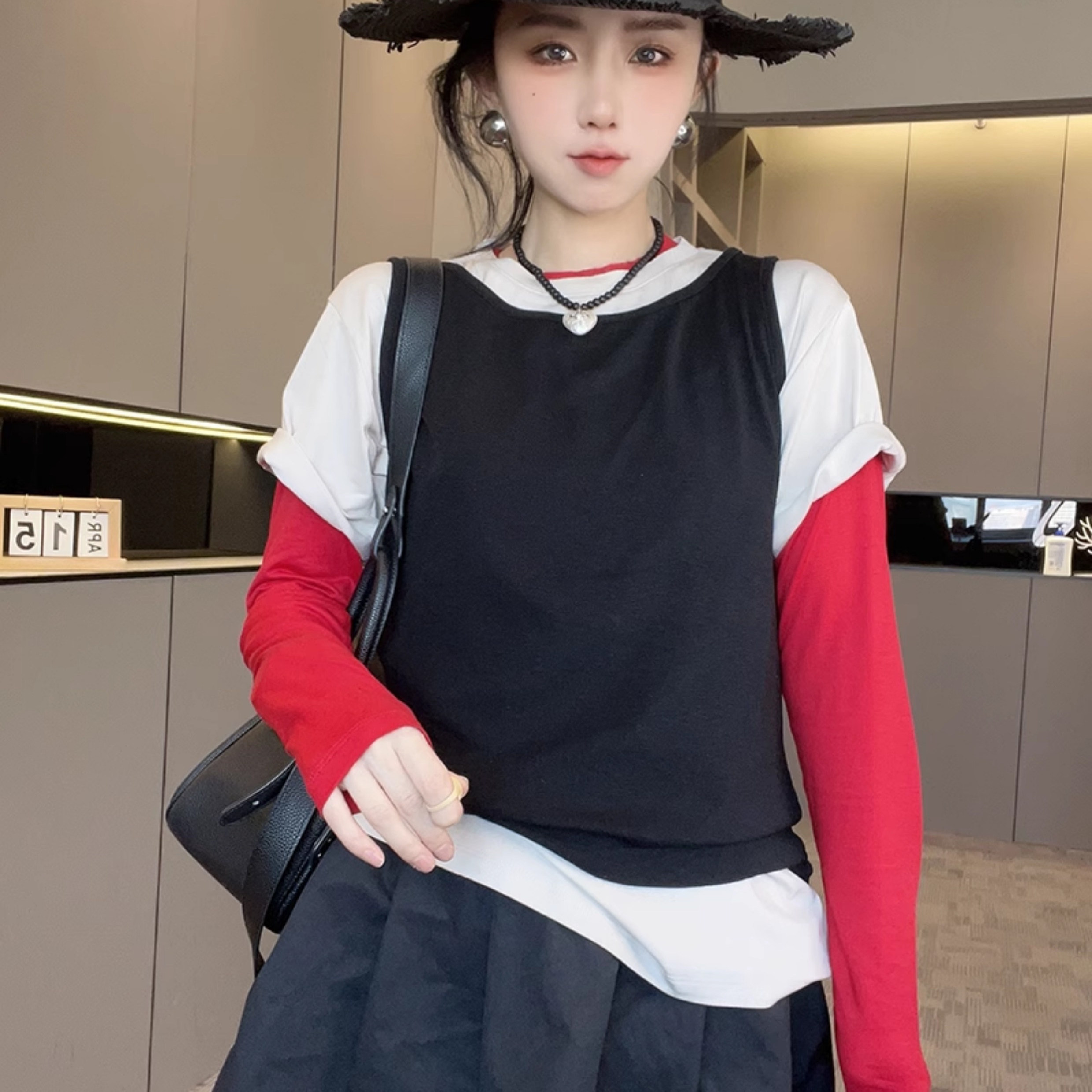 无袖背心长袖打底衫短袖T恤撞色上衣套装三件套女2025秋季新款