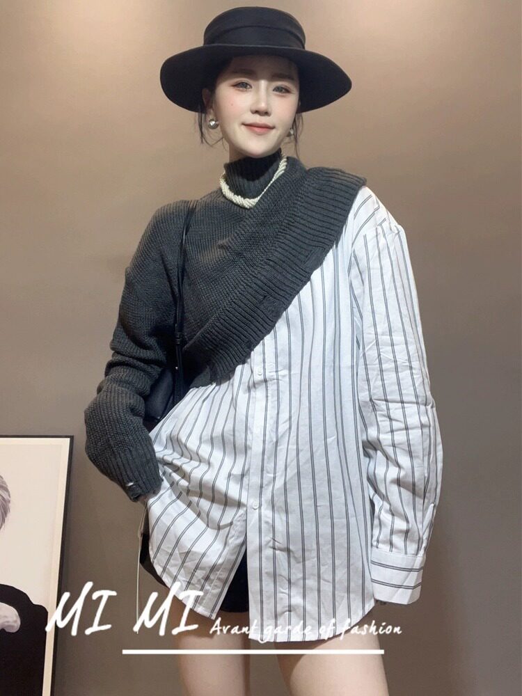 毛衣针织两件套中长款衬衫女衬衣