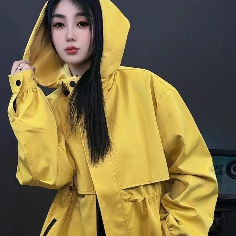 【现货】风衣女2026春季新款欧洲站纯色中长款连帽外套宽松百搭