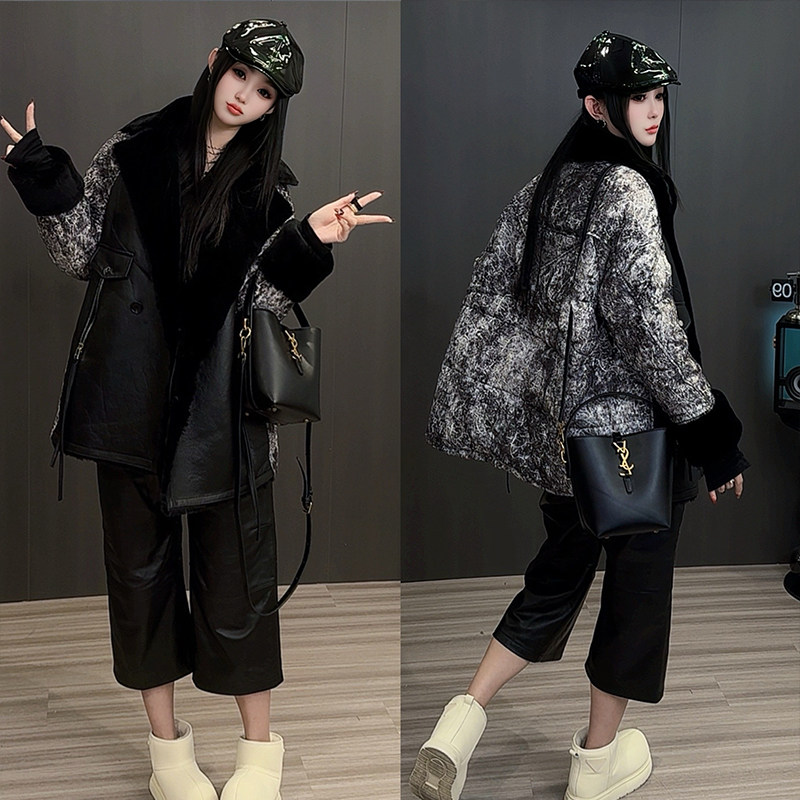 【现货】皮毛一体拼接羽绒服女2024冬季新款撞色晕染宽松保暖外套