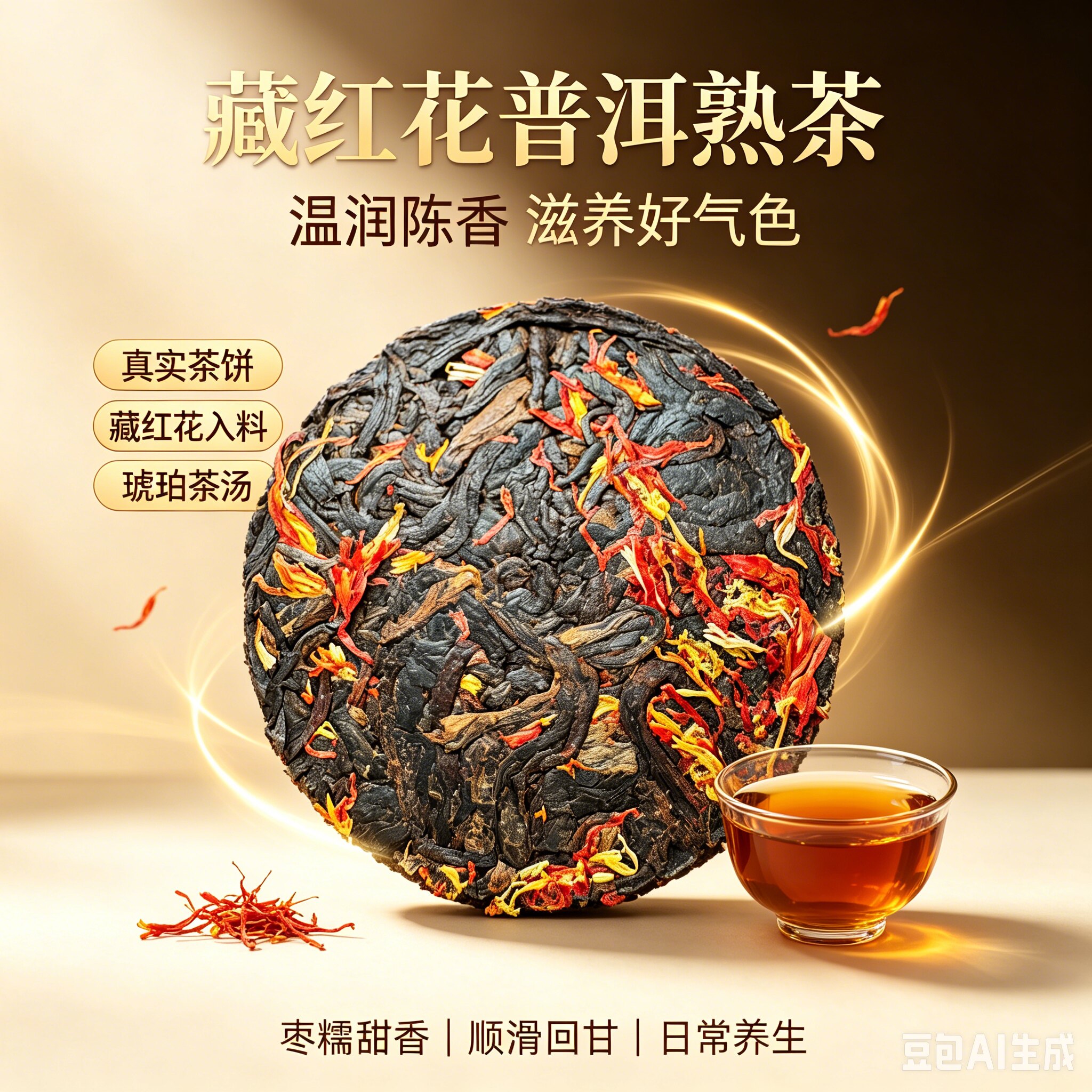 藏红花普洱熟茶小圆饼温润养身双效融合一杯喝出好气色茶叶300克