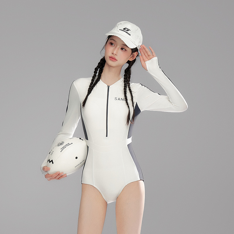 连体泳衣女高级感2025新款保守遮肚显瘦长袖两件套大码游泳馆专用