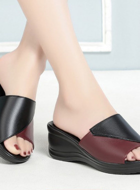 韩版时尚女鞋特大号41 43坡跟凉鞋真皮镂空鱼嘴鞋40 42中跟妈妈鞋