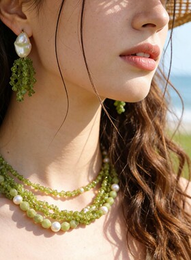 原创橄榄石多层项链巴洛克耳环