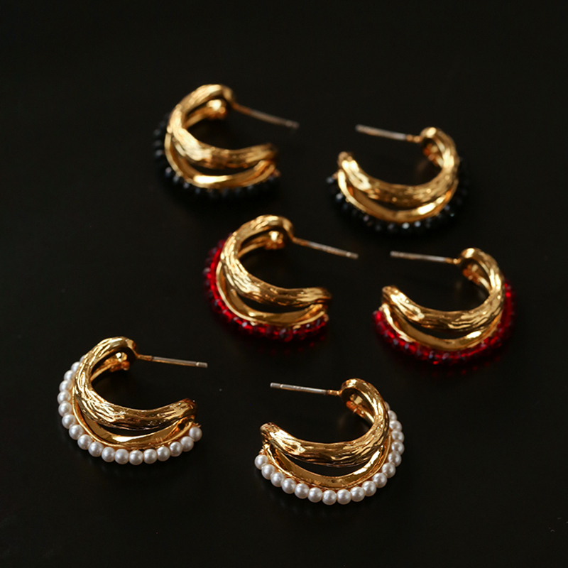 法式复古双圈C型红尖晶珍珠耳环